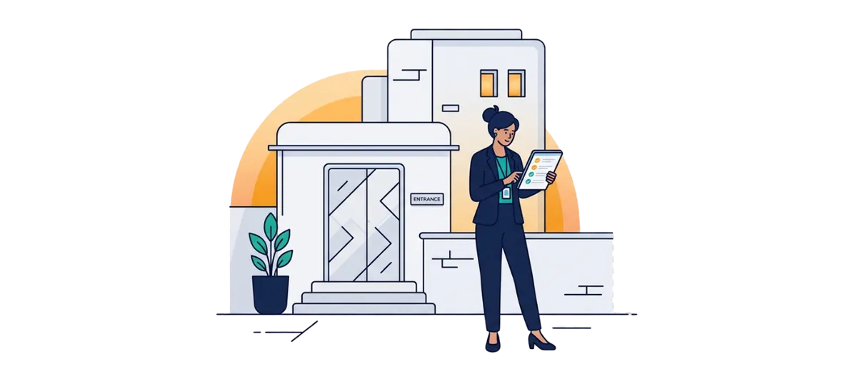 Process flow: clock-in, task checklist, site chat, then report export